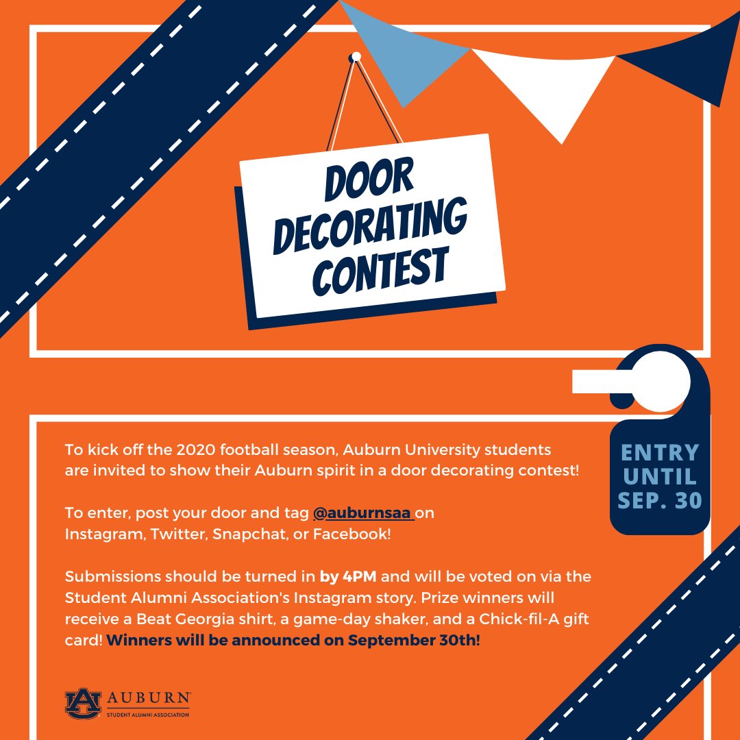 Students, decorate your door in Auburn colors to showcase your school spirit! The door with the most votes from our followers will win a Chick-Fil-A gift card and some game day goodies! Submissions close tomorrow at 4pm! Be sure to tag us! #BeatWeek2020 #WarEagle #BeatGeorgia
