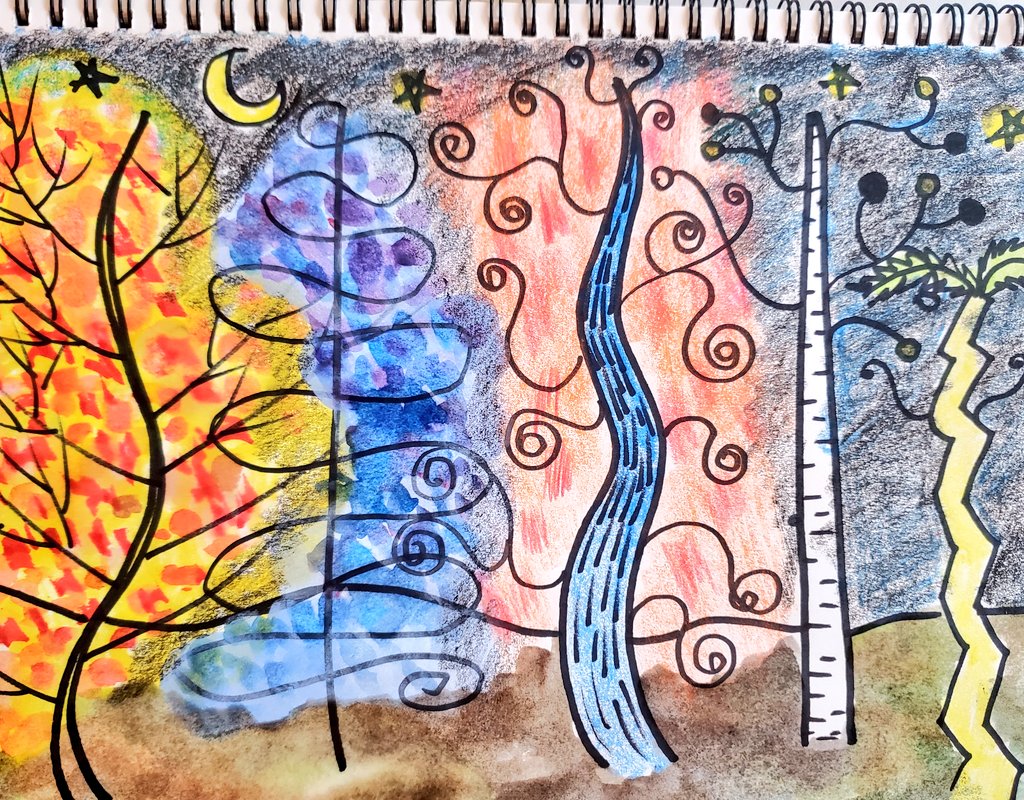 JuliaGoggi's tweet photo. Gr.2 using contour lines and texture varieties to draw whimsical, enchanted forests. A limited array of materials promotes autonomy and #academicchoice. Our artists chose from any combination of markers, watercolor, crayons or colored pencils. @WPSSicomac https://t.co/LeLHGaTpd0