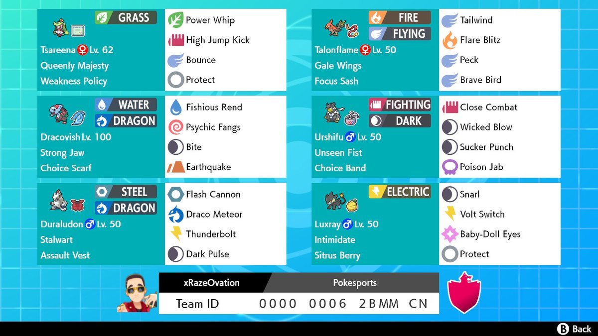 PokesportsPod's tweet photo. Weakness Policy Tsareena x Peck Talonflame. https://t.co/2Wvi7Lv8gN
#pokemon #pokemonswordshield #rentalcode #vgc2020 #vgc20 #vgc #pokesports #pokesportspodcast #talonflame #tsareena #series6 https://t.co/M0fcUEqmb5