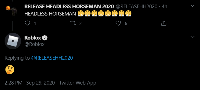 RTC on X: NEWS: Roblox has responded to multiple “Is headless horseman  coming back” posts with eyes and thinking emojis! Could this mean the  headless horseman is brought back for the Halloween