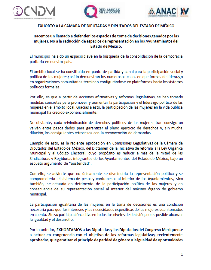 RedAmigasCorte's tweet photo. Exhortamos a la @Mx_Diputados y Diputadas del Estado de México a actuar con congruencia con la finalidad de  garantizar el principio de paridad de género y la igualdad de oportunidades. https://t.co/NaKxWi9GAW
