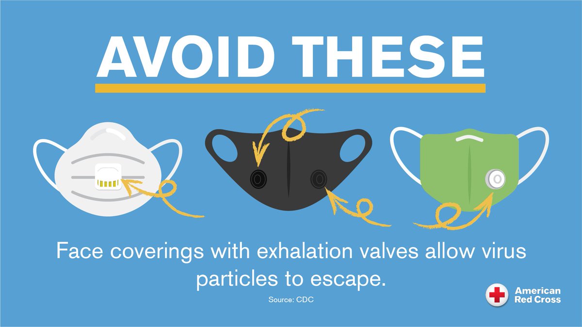 RedCross's tweet photo. Face coverings with valves don't prevent #COVID19 particles from escaping into the air and infecting others. Learn more from the @CDC about which face coverings you should avoid: https://t.co/jYH1QZEUwD #WearAMask https://t.co/iCncYxis3b