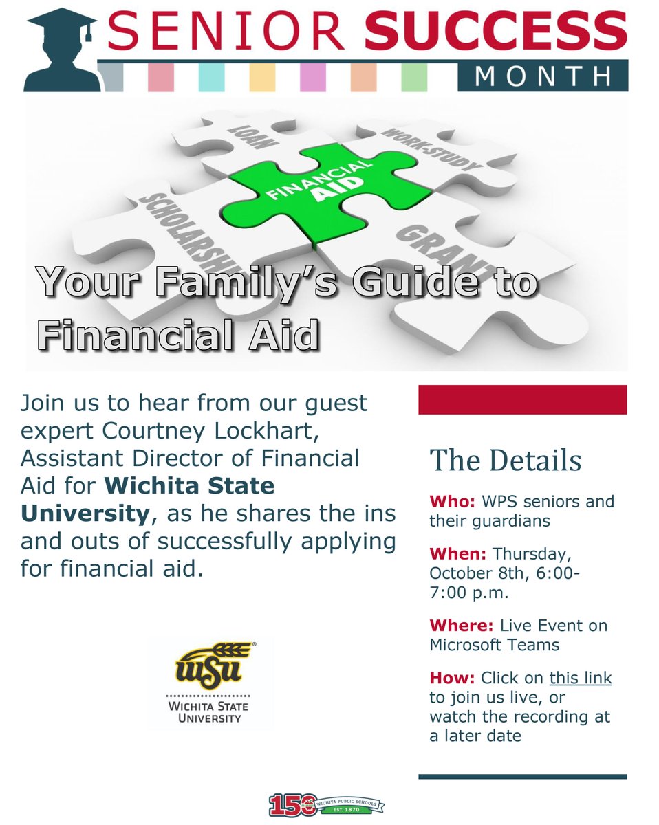 Seniors: Join us at 6 p.m. tonight for a virtual event where Courtney Lockhart, assistant director of Financial Aid for Wichita State, will share tips for successfully applying for college financial aid. Join the live event here: bit.ly/346WUBy
