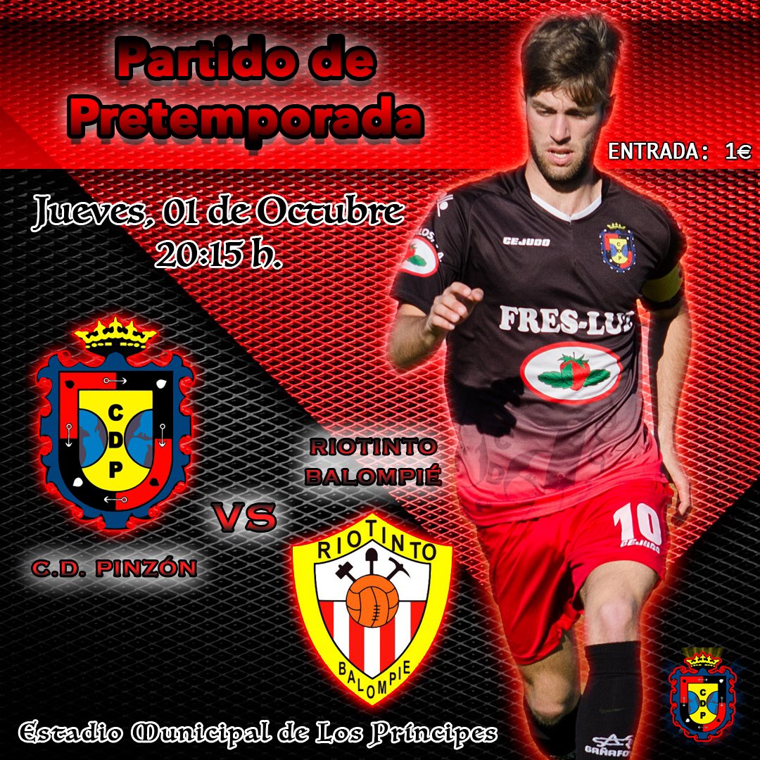 CDPinzon_'s tweet photo. ❗️PARTIDO DE PRETEMPORADA❗️

⚽️ C.D. Pinzón 🆚 Riotinto Balompié ⚽️ 

📅 Jueves, 01 de octubre
🕗 20:15 horas
📍Est. Mpal. de Los Príncipes

📎 Se llevará a cabo el protocolo establecido de medidas anti Covid-19. 😷

Os esperamos. 🤗 https://t.co/OLRTAxc8kr