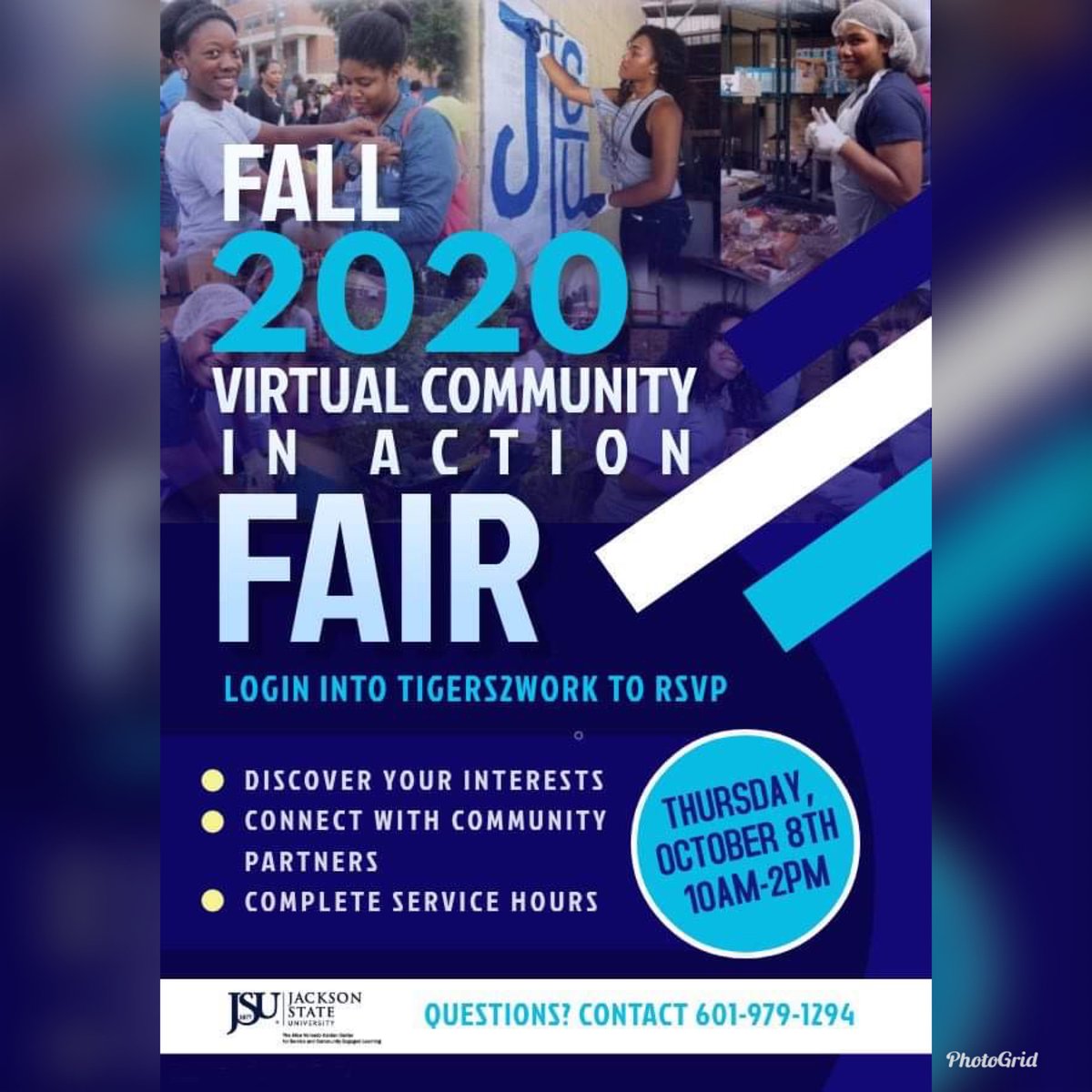 JsuServe's tweet photo. Join us on October 8th for the Virtual Community In Action Fair! This is an experience that will allow you to connect with community partners and discover your interests. Be sure to RSVP through your Tiger2Works account. Get Connected! Stay Connected! #JSUServe #TheeWeServe https://t.co/xxC01YW8vT