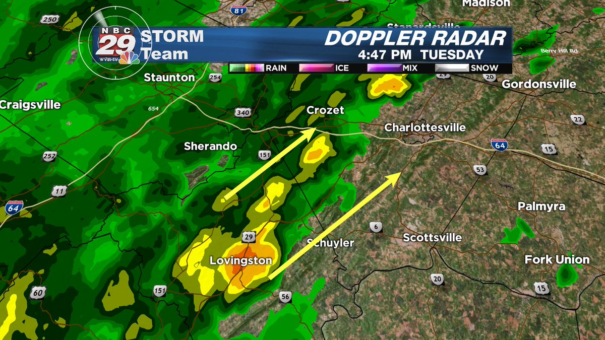 29NewsWVIR's tweet photo. Strong storm over Lovingston moving NE@ 30 mph. Locally heavy rain and wind gusts to 40 mph possible with this storm. #strongstorm https://t.co/UDeSnvvGPq
