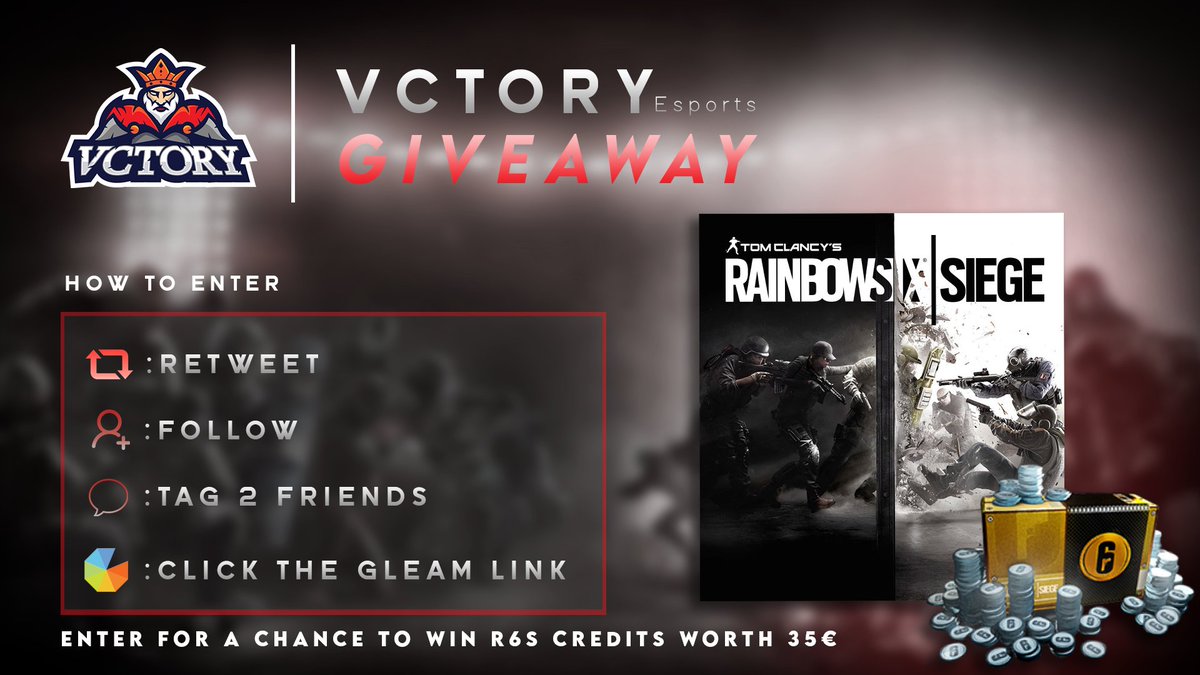 Vctory_esports's tweet photo. We are doing another giveaway!
You get the chance to win 35€ worth of R6S credits.

How to enter: 
• Retweet this tweet
• Follow @Vctory_esports 
• Tag 2 friends below👇
• Go to https://t.co/lVXZlxyv7y

Good luck!🍀

#Giveaway #R6 #RainbowSixSiege #RainbowSix #R6S #Credits https://t.co/EFwZEbdYWq
