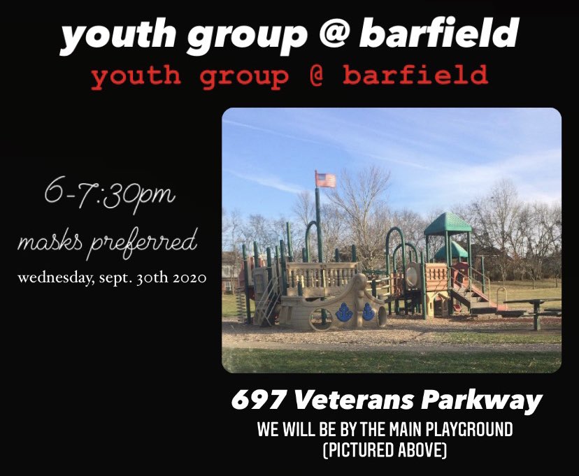 Hey Youth Family! We are so excited to be meeting at Barfield Crescent Park tomorrow! We will be near the big playground, and we can't wait to see you there!
