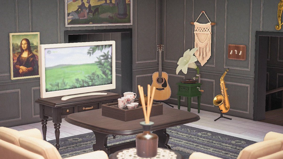 ˗ˏˋ living room ˎˊ˗  - features: antique items, a sweet little book club with my pet turtle and his friends the bears, photo of my favorite baby sherb, my favorite van gogh paintings   - song playing: animal city #acnh    #acnhdesign  #animalcrossing  