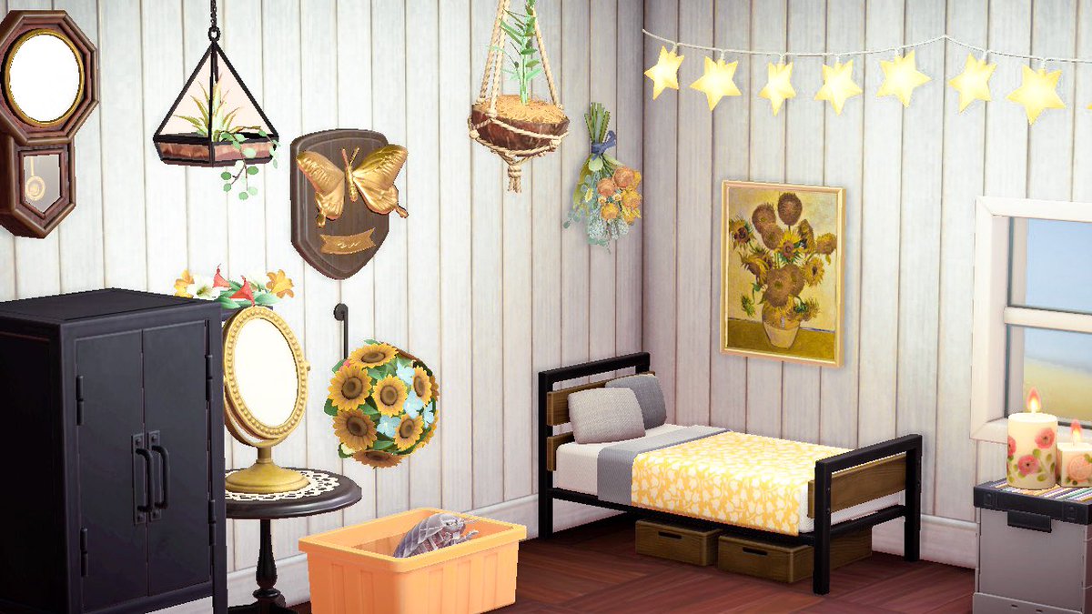 ˗ˏˋ bedroom ˎˊ˗  - features: moon rug #1, van gogh again, pet isopod, sherb & cinnamoroll posters, editing one of my favorite concert photos on my laptop, and a photo of me and my gf on the corkboard <3 #acnh    #acnhdesign  #animalcrossing  