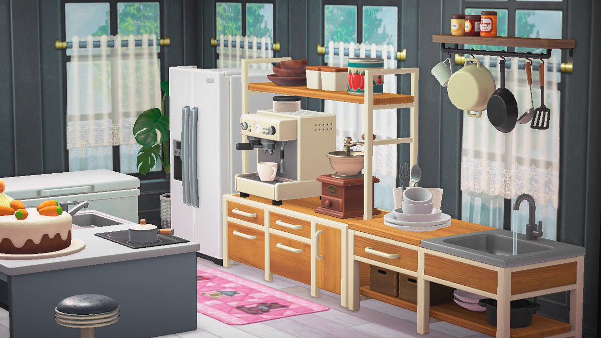 ˗ˏˋ kitchen ˎˊ˗  - features: ironwood & mom items !, the wallpaper that always makes me miss my girl tia, everything i need to fuel my coffee addiction  #acnh    #acnhdesign  #animalcrossing  