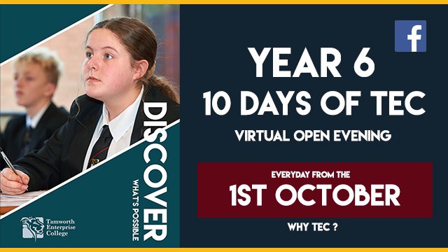 LiftTamworthSch's tweet photo. Year 6! Virtual Open Evening. Every day for the next 10 days there will be a post as to why TEC should be your first choice of Secondary School.
We have been working so hard behind the scenes to make sure you can see just how wonderful a place TEC is.
#tectransformed https://t.co/9nRH50lufy