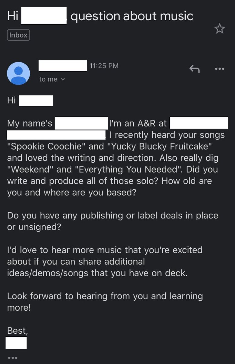 “Is this record label email real?” is a question I receive daily from young artists. 99% of the time, the answer is NO. But today, I was fwd’ed a real one. With the permission of the artist, I am sharing it here, so others can know how to spot a real from a fake.