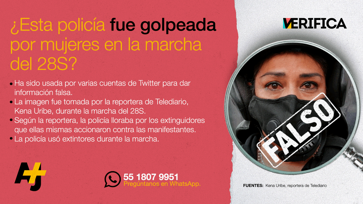 ajplusespanol's tweet photo. No, esta policía de Ciudad de México no lloraba por ser golpeada por mujeres que participaban en la marcha del #28S.

Según su autora, la imagen ha sido utilizada para contar una historia falsa. #AJPlusVerifica https://t.co/3sTfdSwAUd