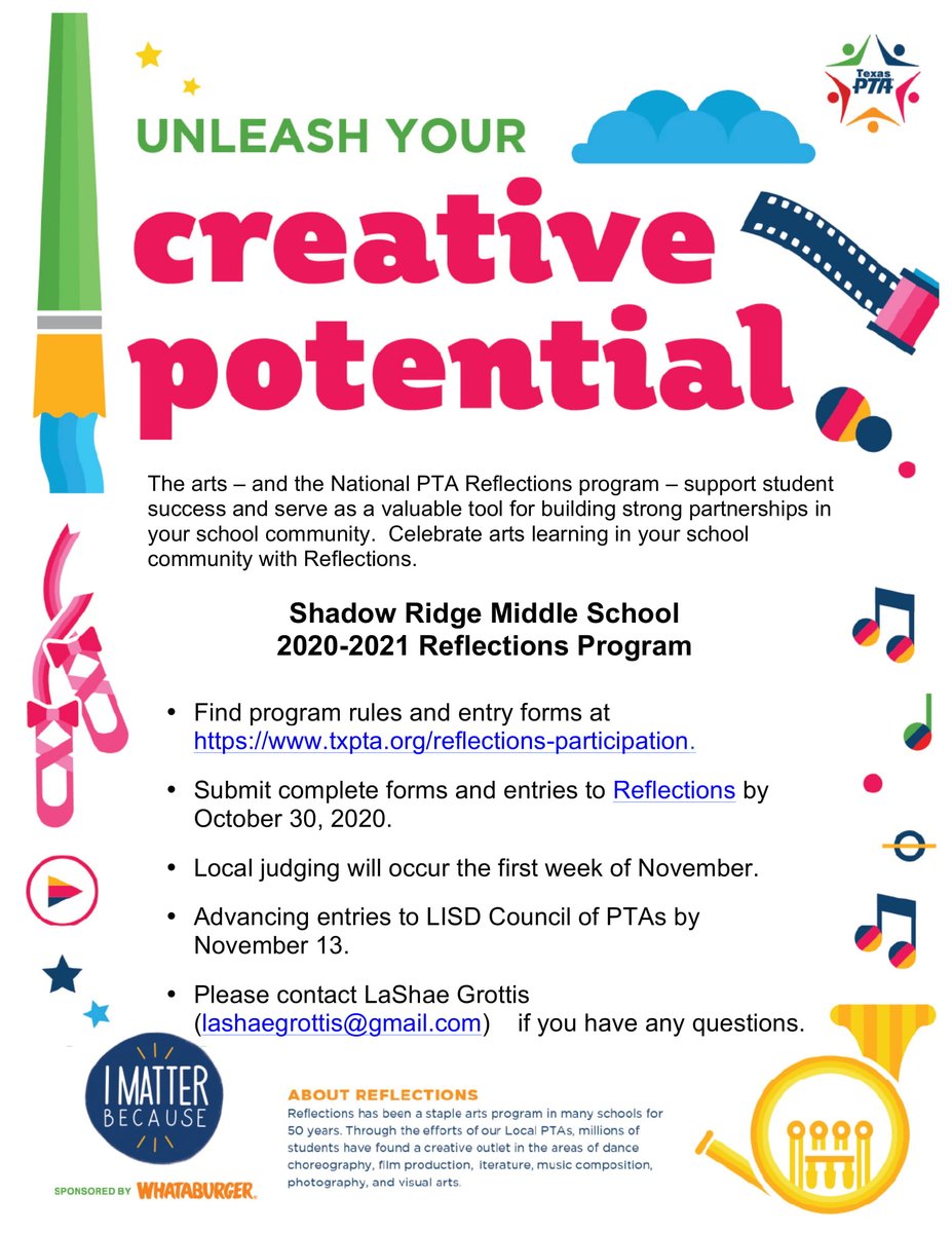 Encourage your student to unleash their creative potential &amp; submit an entry to the National PTA Reflections Program!
Program rules &amp; the entry form can be found here:  txpta.org/reflections-pa… Questions? Contact our wonderful program lead LaShae Grottis - lashaegrottis@gmail.com!