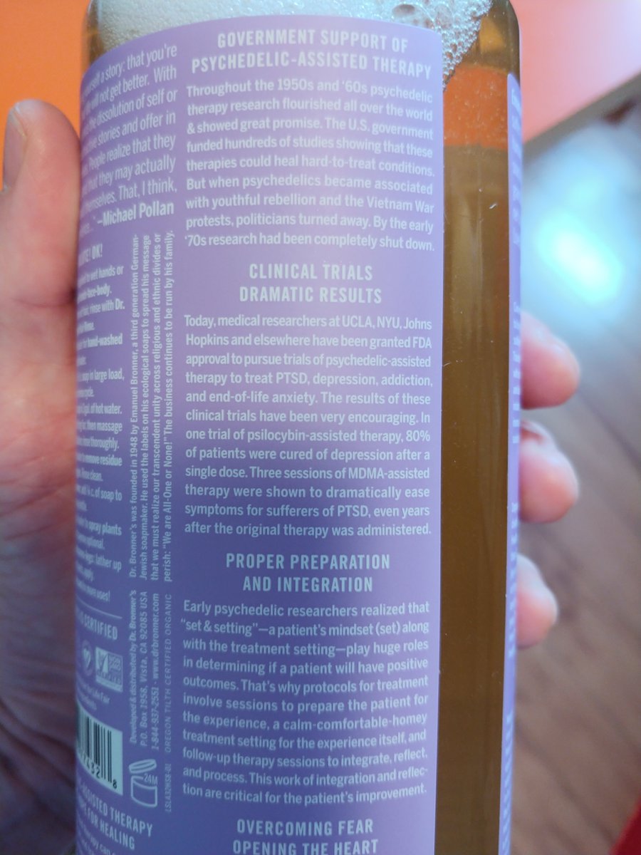 Been using <a href="/DrBronner/">Dr. Bronner's</a> soap since, coincidentally, the time I started #psychedelic research 16 yrs ago. Today a routine supply comes in mail &amp; I see normal text has been replaced with psychedelic therapy info - my research with tobacco addition, cancer distress, etc throughout