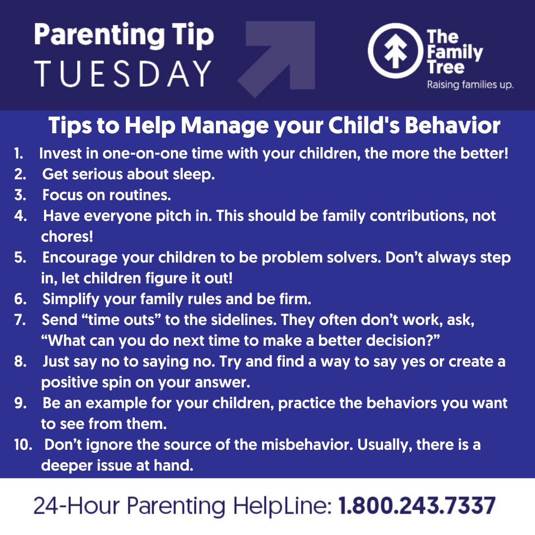 FamilyTreeMD's tweet photo. If your child’s behavior has you feeling overwhelmed, check out these tips! Always remember to stay calm and consistent, and if you need support call our 24/7 Parenting HelpLine at 1-800-243-7337. #ParentingTipTuesday

https://t.co/IwUGlABOqH https://t.co/zP7uKZWdYA
