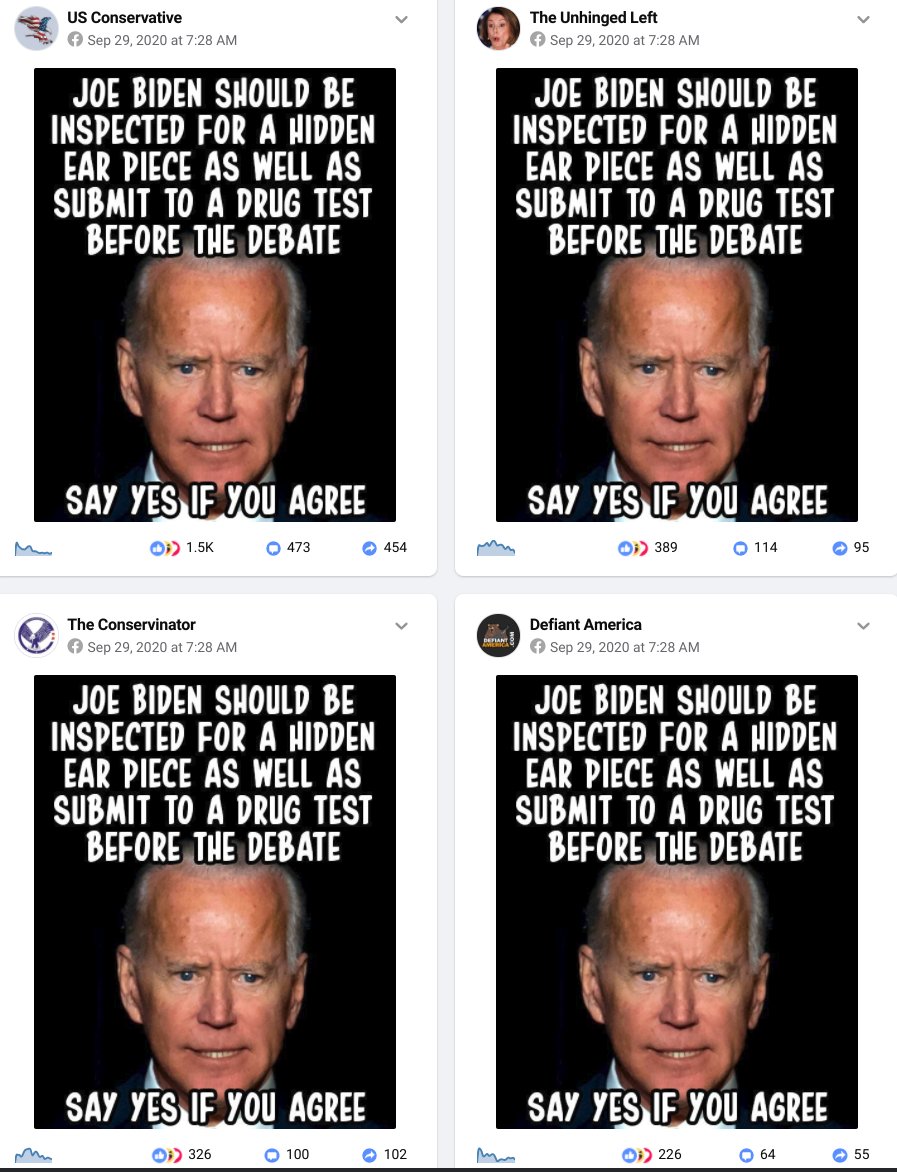 New from me: The viral earpiece conspiracy theory was pushed by coordinated Facebook accounts at the same second this morning. Then Fox News picked it up. Then, the Trump campaign sent it to your phone. https://www.nbcnews.com/tech/tech-news/coordinated-push-conspiracy-theories-target-biden-hours-debate-n1241426