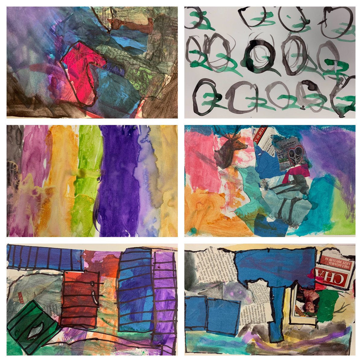 delima_margaret's tweet photo. Off to a strong start in #StudioArt, reviewing the basic elements and principles of art in mixed media compositions! #mixedmedia #composition #experiments highschoolart #goFreshmen Good job, Fergus, Cam, and Annabella! https://t.co/tkUdz496Bz