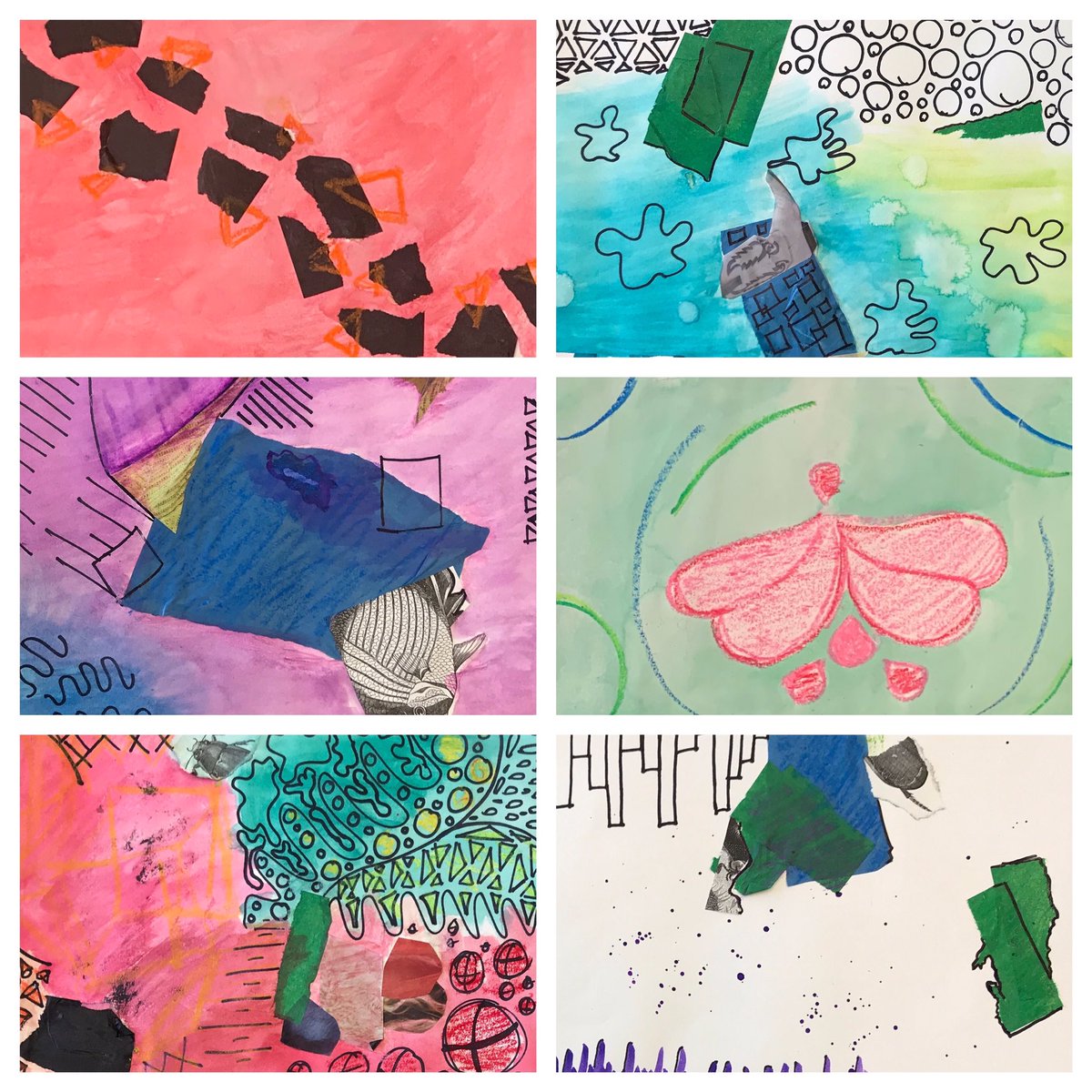 delima_margaret's tweet photo. Off to a strong start in #StudioArt, reviewing the basic elements and principles of art in mixed media compositions! #mixedmedia #composition #experiments highschoolart #goFreshmen Good job, Fergus, Cam, and Annabella! https://t.co/tkUdz496Bz