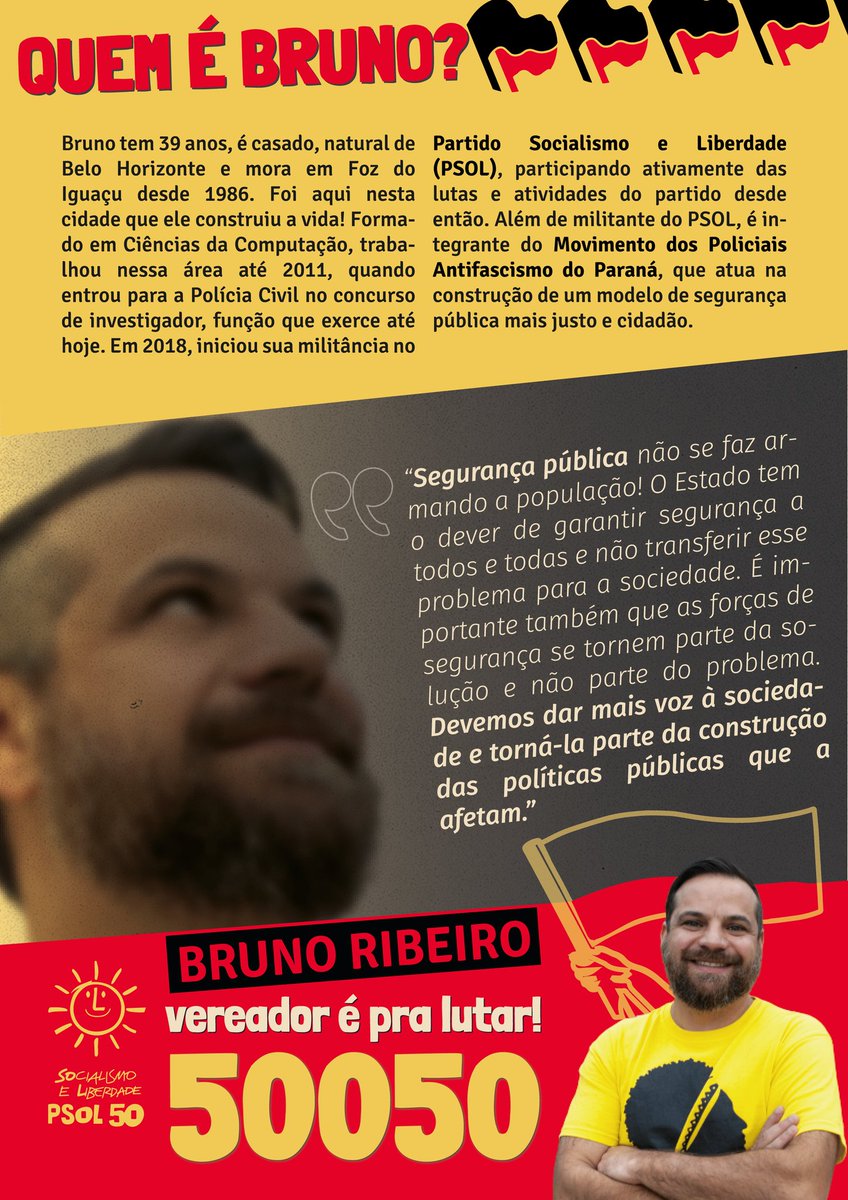 bruno_psol's tweet photo. Quer saber mais sobre mim, por que sou candidato a vereador e algumas de nossas defesas? Veja o nosso panfleto virtual de apresentação. Vereador é pra lutar! 
PSOL na Câmara é luta Popular!☀️

#psol #psolparana
#psolfoz #BrunoRibeiroPSOL
#BrunoRibeiro50050 #fozdoiguaçu https://t.co/FXrtuMaj2l