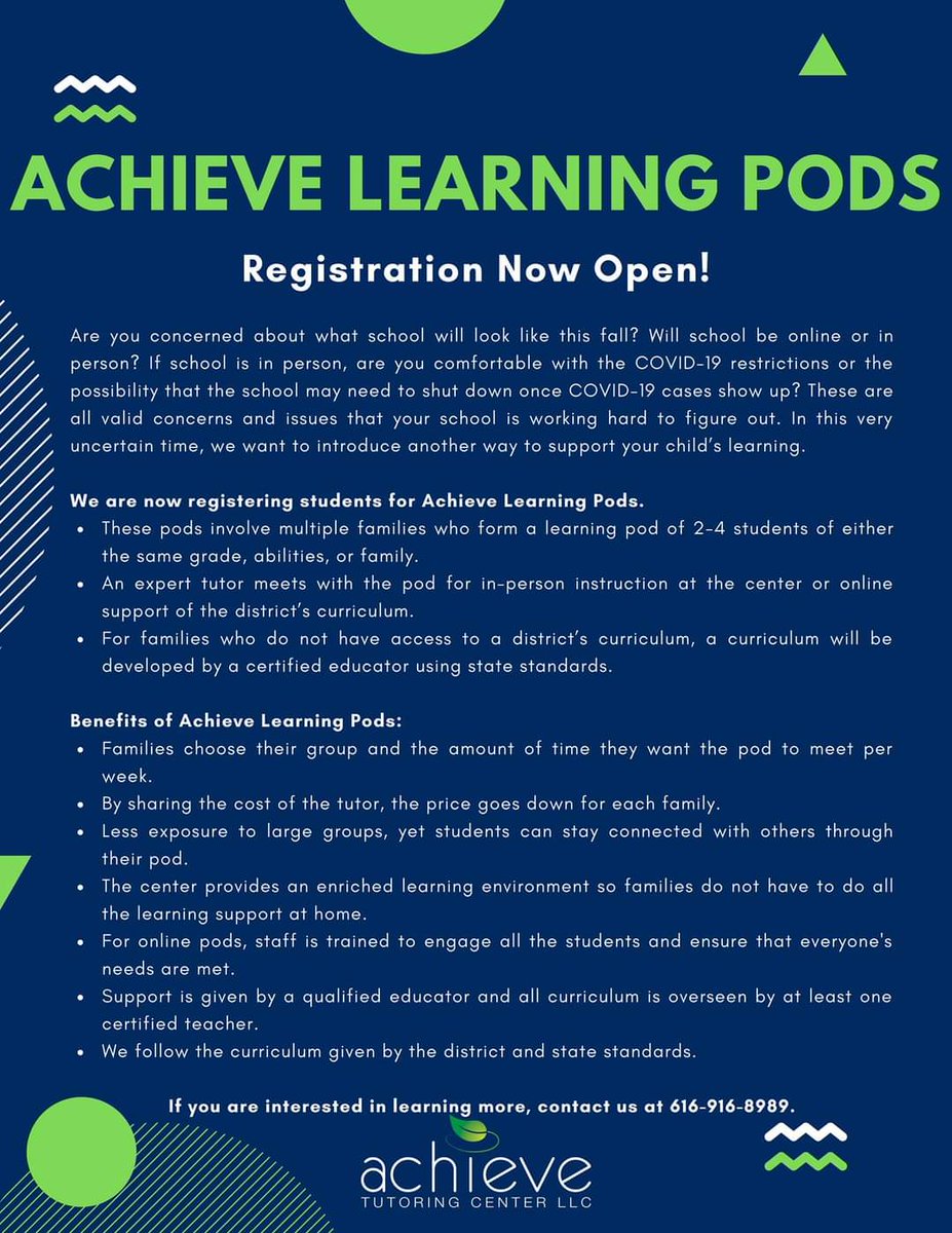 TutoringAchieve's tweet photo. We now offer Achieve Learning Pods for in person learning at the center or online with Zoom! Give us a call for more details 616-916-8989

#achievetutoringcenter #jenisonmichigan #hudsonvillemichigan #zeelandmichigan #byroncentermichigan #allendalemichigan #grandvillemichigan https://t.co/T8wHSA2W2m
