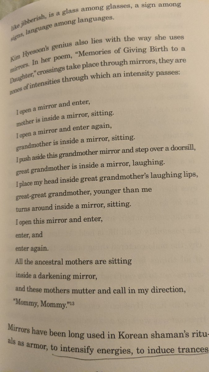 Don Mee uses the examples of mirrors in Bergman's The Silence, as well as this poem she translated by the great Korean poet Kim Hyesoon: