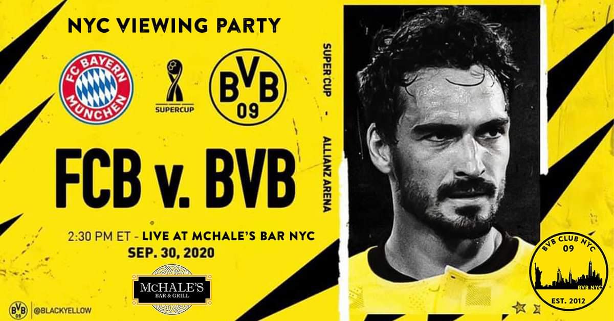 We are BACK. Indoor dining resumes in NYC tomorrow &amp; we'll be out to watch the #Supercup.

🆚 <a href="/FCBayern/">FC Bayern München</a> 
🏆 Supercup
📆 09/30
⏰ 2:30pm EST
🏠<a href="/McHalesPub51/">McHale's Bar & Grill</a> (51st St &amp; 8th Ave, NYC)

🖤💛 #HejaBVB🖤💛

#BVB #FCBBVB #BVB09 #BVBNYC #EchteLiebe #NYC #SoccerRepublic <a href="/SoccerRep/">The Soccer Republic</a>