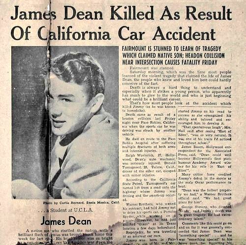 fronto-lateramente contra un sedán Ford y murió instantáneamente.James fue enterrado en el Park Cemetery de Fairmount (Indiana).En 1977 se inauguró un memorial en su honor cerca del lugar del accidente, en Cholame.