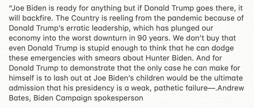 MollyNagle3's tweet photo. Some strong words from Biden's team: @AndrewBatesNC says that @JoeBiden is "ready for anything," but warns attacks on his son will "backfire."
"We don’t buy that even Donald Trump is stupid enough to think that he can dodge these emergencies with smears about Hunter Biden." https://t.co/1ThUNNK638