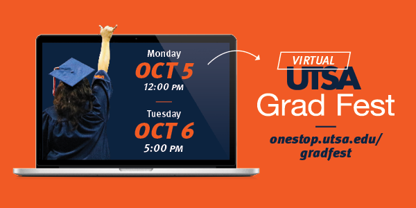 UTSAOneStop's tweet image. Hey fall graduates, virtual #UTSAGradFest is next Monday and Tuesday to get all your questions answered about graduation and commencement. There are two opportunities to attend, so mark your calendar! Find out more info at onestop.utsa.edu/gradfest #UTSA #UTSAGrad20