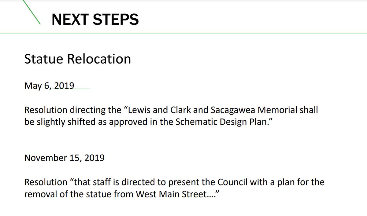 One of the next steps for this Council is to figure out next logistical step for removal of Lewis, Clark, Sacagewea statue. Removal was anticipated in the first phase, which ancitipates removal of traffic lane for a pocket park.  @Jalane_Schmidt