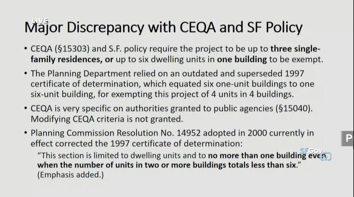 A 1997 memo in support of this project conflicts with a year 2000 Planning Commission resolution which says the exemption only applies when a project is one building.