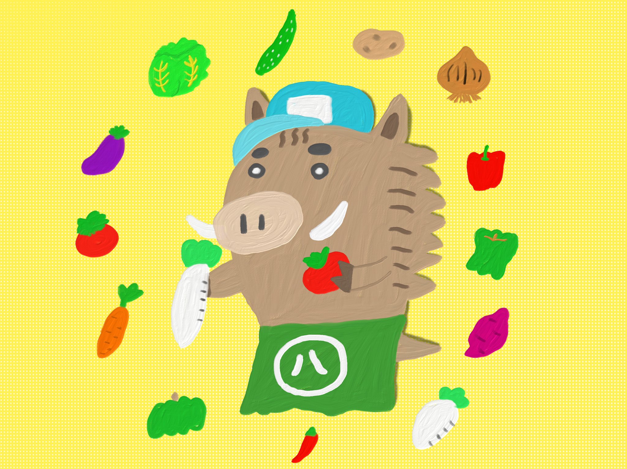 Aki かわいい子供 動物イラスト描きます おはようございます 今日はオリジナルキャラクターを作りました イノシシ八百屋さん イラスト イラストレーター 動物 イノシシ 八百屋 野菜 オリジナルキャラクター 絵描きさんと繫がりたい イラスト