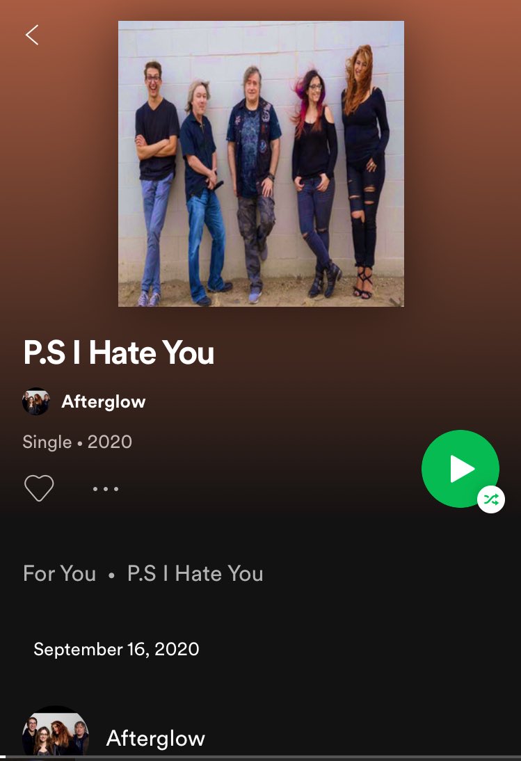 AfterglowSask's tweet photo. Our new single PS I Hate You is available on all streaming services! Click on the link in our bio to go check it out on Spotify! #NewMusic #NewMusicAlert #Saskatoon #Spotify #SpotifyPlaylist https://t.co/4kwQUg6vYJ