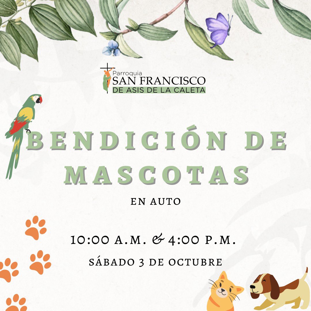 ¿Sabías que San Francisco de Asís es el patrono de los animales? 🐶🐱🦁🐣🐒🐙🐠 
Este sábado no pierdas la oportunidad de llevar tu mascota a ser bendecida 🙏🏻😍 
Te esperamos en los estacionamientos parroquiales a las 10:00 a.m. y 4:00 p.m. 

#YoSoyCaleta