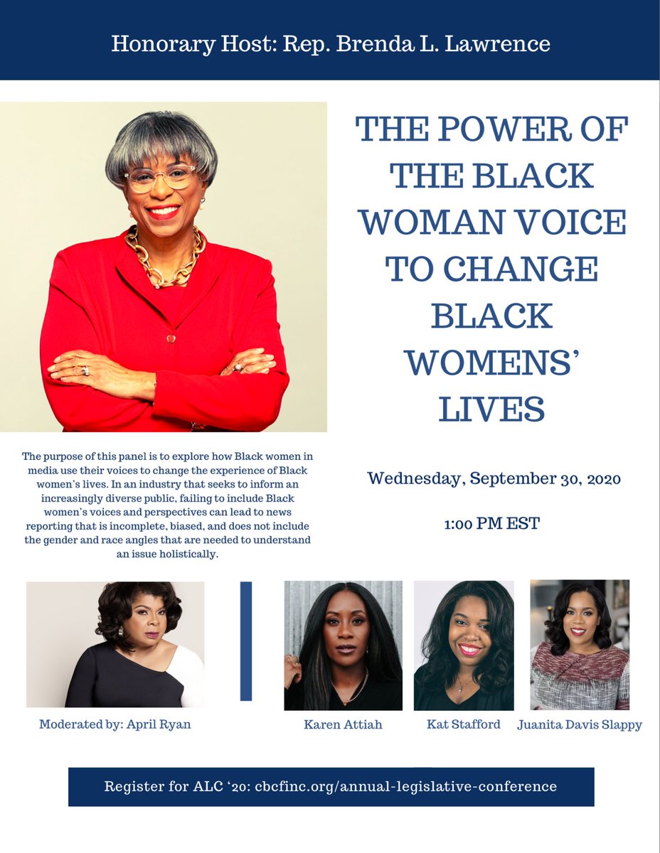 Happening now The Power of The Black Woman Voice to Change Womens’ Lives panel hosted by @RepLawrence moderated by @AprilDRyan w panelist @KarenAttiah @kat__stafford and GM's @Jadshu @CBCFInc #VirtualALC