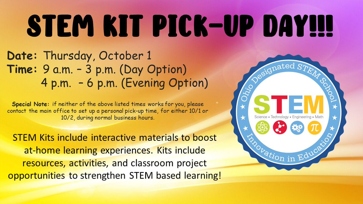 STEM Kit Pick-Up Day!!!
Date: Thursday, October 1
Time: 9 a.m. – 3 p.m. (Day Option)
          4 p.m.  – 6 p.m. (Evening Option)

For more information check out our school website: reyn.org/stemmiddleatbr…