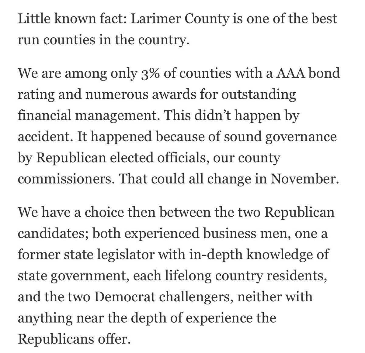 bobmccluskey's tweet image. Little known fact, Larimer county is one of the best ran counties in the nation. Let’s keep it that way! 
#KeepLarimerLocal

Thanks Jeff Pace &amp;amp; the Coloradoan.