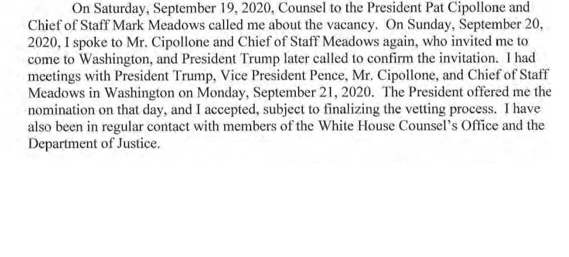 shermancourt's tweet photo. Ginsburg died Friday, Meadows called Barrett Saturday, she met with Trump Monday and was offered job same day, all before Ginsburg memorials had even begun. From Barrett's @senjudiciary questionnaire. https://t.co/sgM3ValpHm