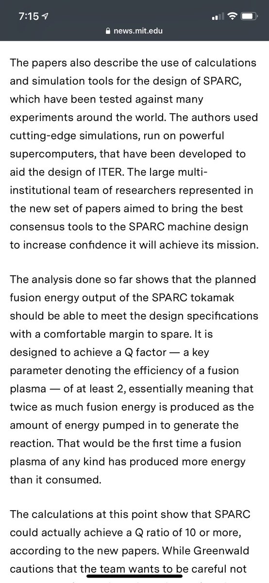 Anyway it’s here and these are the most important parts. TLDR plugging new materials into the models they’re using for ITER produces such a huge fudge factor that people are feeling v confident relative to how nervous they are about ITER  https://news.mit.edu/2020/physics-fusion-studies-0929