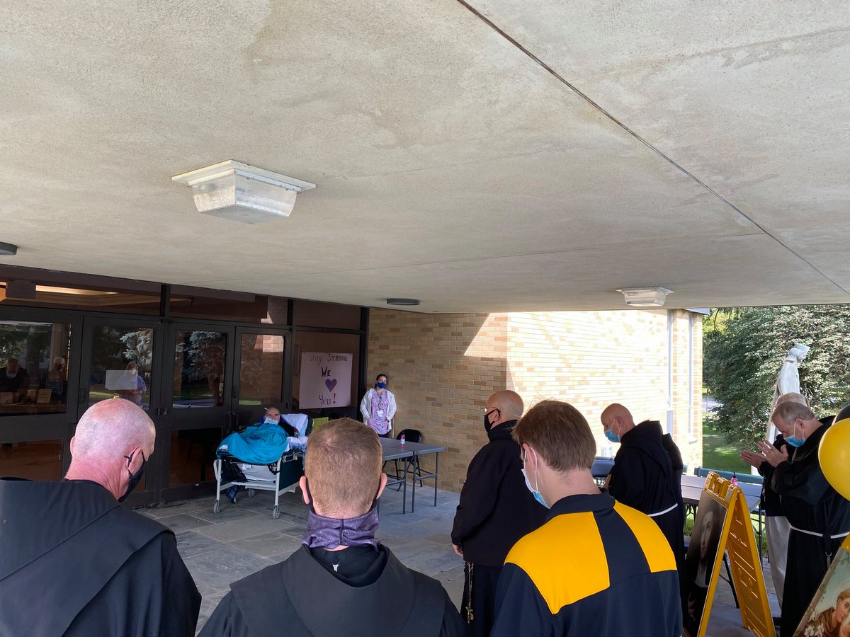 Brother John Lawrence FINALLY saw the Brothers for the first time 3/20. Thanks to S.Karen Burke(Brother Shane's sister who runs Maria Regina )for organizing an outdoor picnic for BJL's birthday. Friars Brother Mark Waldmann and Mr. Michael Saxer played bagpipes for the occasion