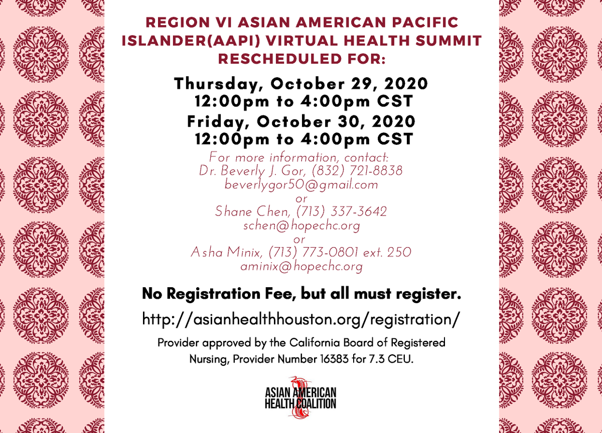hcphtx's tweet photo. Save the Date! The Region VI AAPI Health Summit is going virtual this year October 29-30. The summit will include local, regional and national experts on AAPI health issues. Register for FREE Today:
https://t.co/L7evdNetcA
#AAPIHealth2020 #AAPIHealth #AsianHealt https://t.co/kEYmSX1PAT