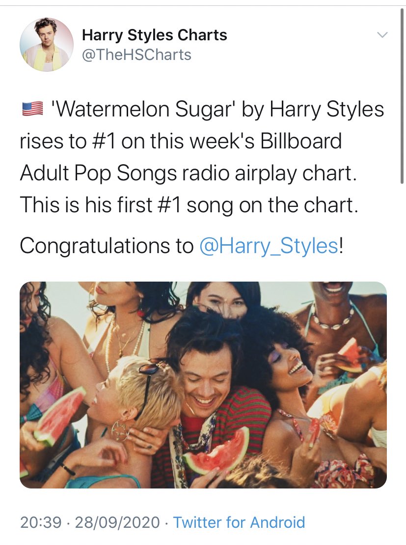 -“Watermelon Sugar” is #8 this week on the Billboard 100 chart, now spent 12 weeks in the top 10, while “Adore you” is #23 and has been charting for 10 months. -“Watermelon Sugar” is also #9 on the Billboard global excl. US chart.-WS rises to #1 on billboard adult pop songs.