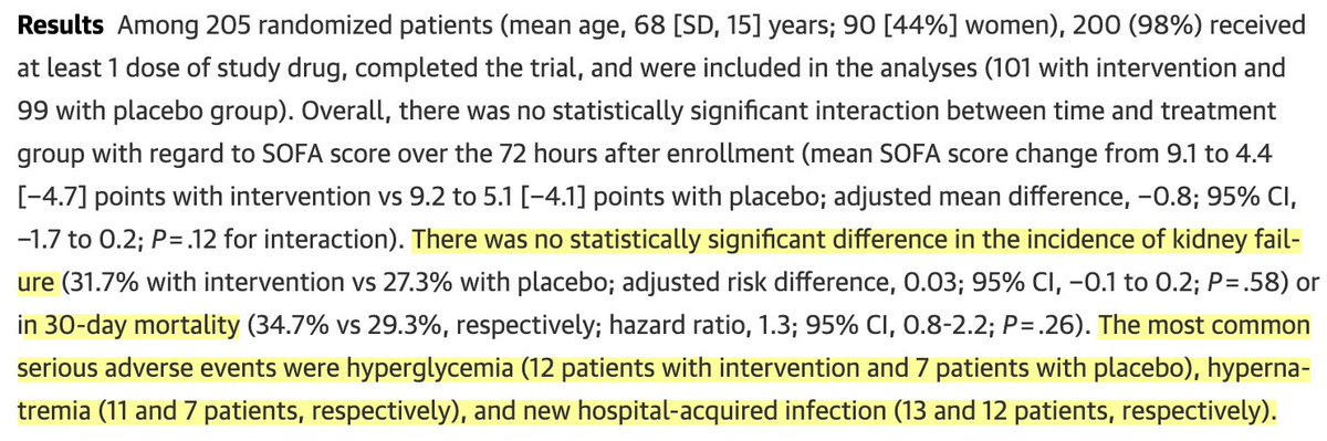 ACTS RCT  @JAMANetwork 2020:Vit C, hydrocortisone & thiamine Q 6 hours (n 103) vs placebo (n 102) x 4 days in matching volumes at the same time points. No statistically significant reduction in SOFA score during the first 72 hours after enrollment. Note the adverse effects: