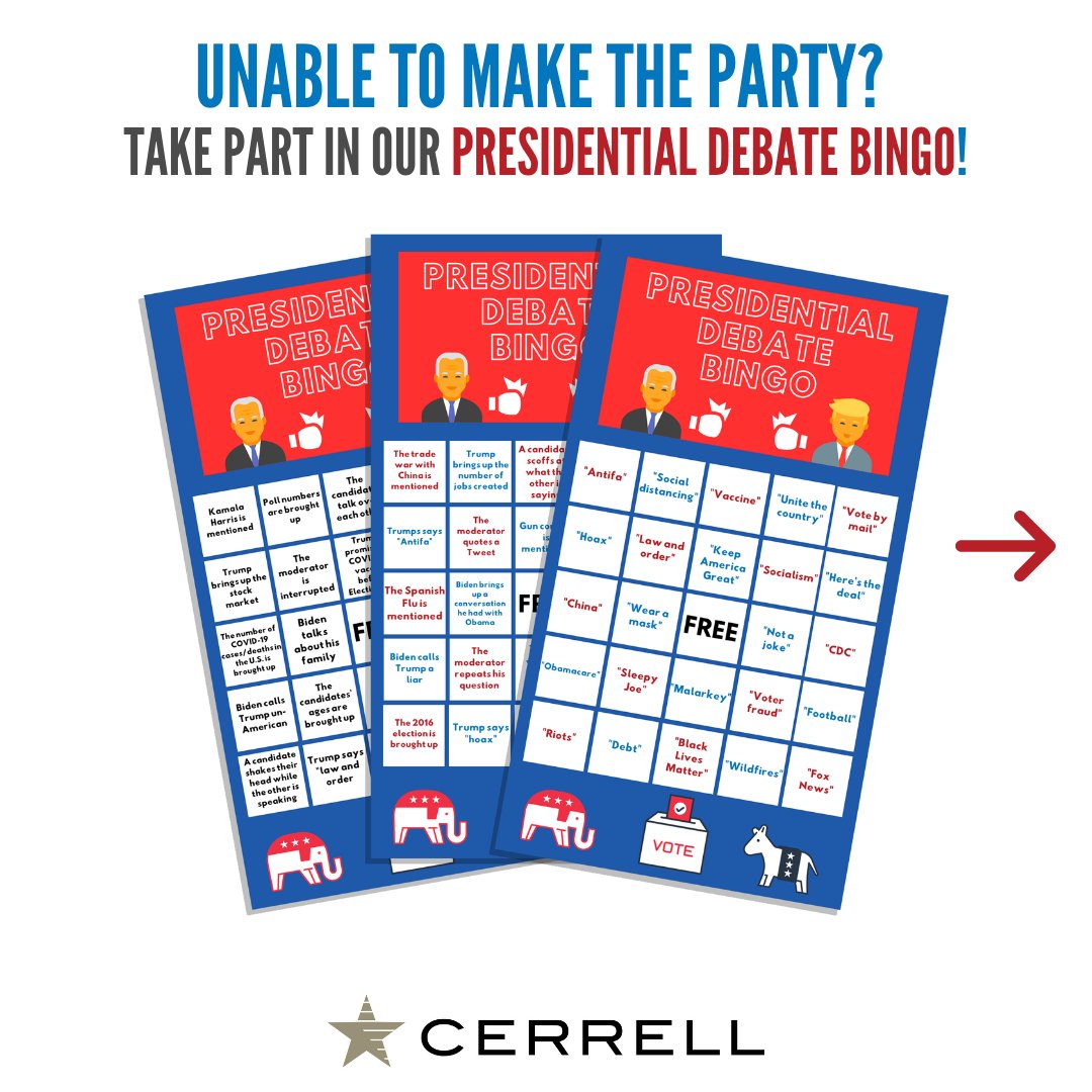CerrellAssoc's tweet image. Unable to join us for our watch party? Play along at home with our Cerrell Debate Bingo cards! From debate topics, to party platforms, to candidate catch phrases, enjoy watching the first 2020 Presidential Debate tonight at 6 p.m. PST!
