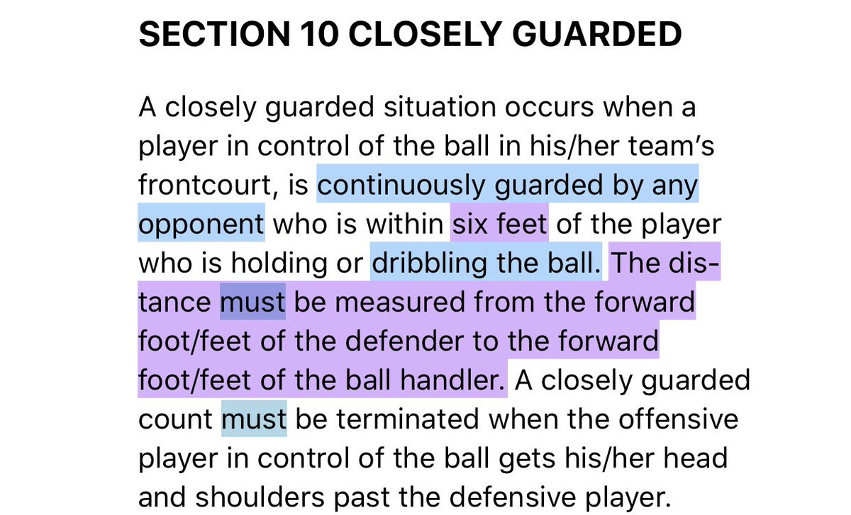 “Closely Guarded” basics:NFHS Rule 4-10 clearly defines the CG rule.1) 6 ft distance (just like “social distancing”), measured from front foot/feet of defender to front foot/feet of ball handler2) Rule applies when a player is holding or “dribbling” the ball while CG(3/6)
