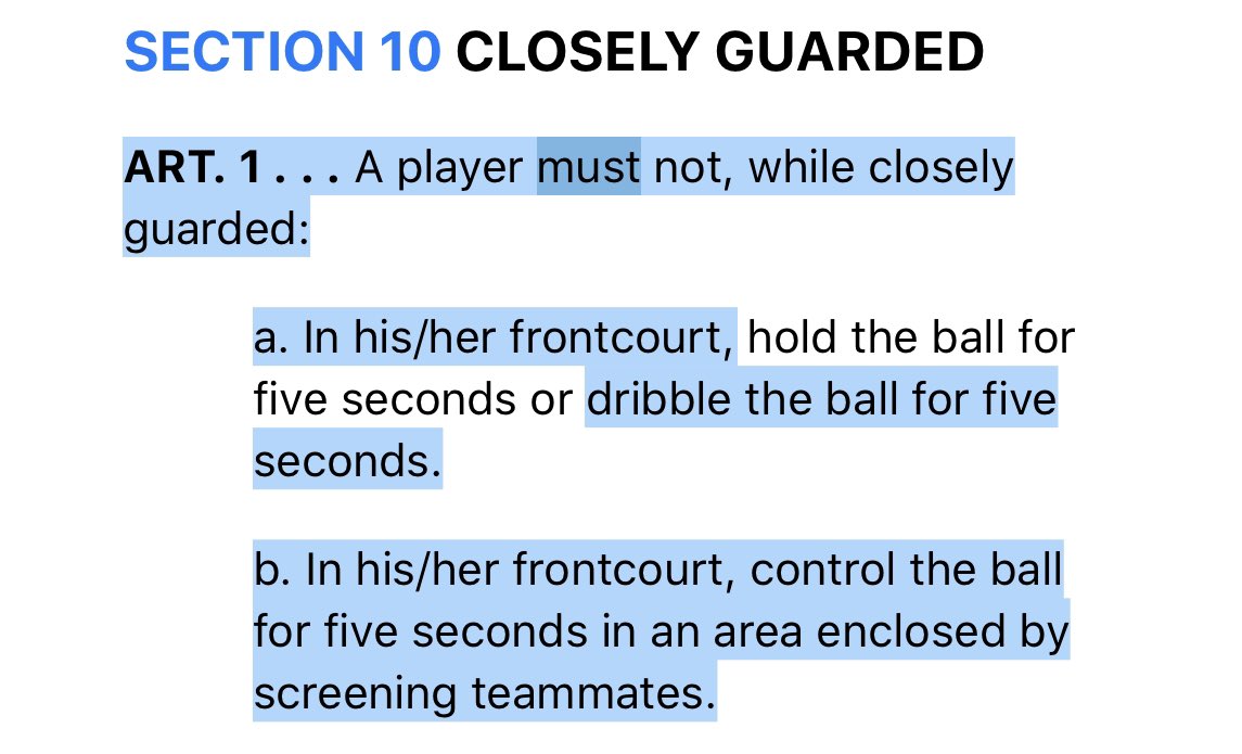 We also know that it’s a violation to be closely guarded for 5 seconds.But what about when alternating defenders CG the dribbler? 9-10-1b (below) provides a little clarity, but if you look back at 4-10 it states “continuously guarded by ANY opponent”.(4/6)