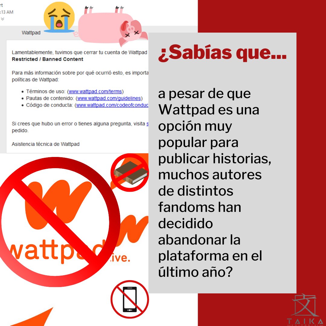 LffTaika's tweet photo. Varios fickers han visto desaparecer sus cuentas sin alguna razón aparente. Si no encuentras a tu autor favorito, búscalo en AO3 o Fanfiction. Si eres escritor, recuerda siempre tener un respaldo, sin importar dónde es que publiques. #wattpad #banned #fickers #Taikaeditoral https://t.co/XhZxLlngfn