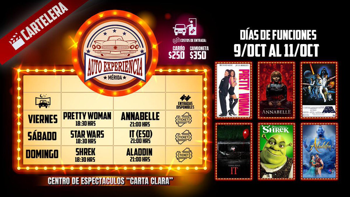 Amigos de #Mérida conozcan la  cartelera del AUTOEXPERIENCIA del 9 al 11 de octubre, en el Centro de Espectáculos Carta Clara.

Sé parte de la experiencia primera vez a Mérida y vive el increíble mundo del cine desde la comodidad de tu automóvil 

tusboletos.mx